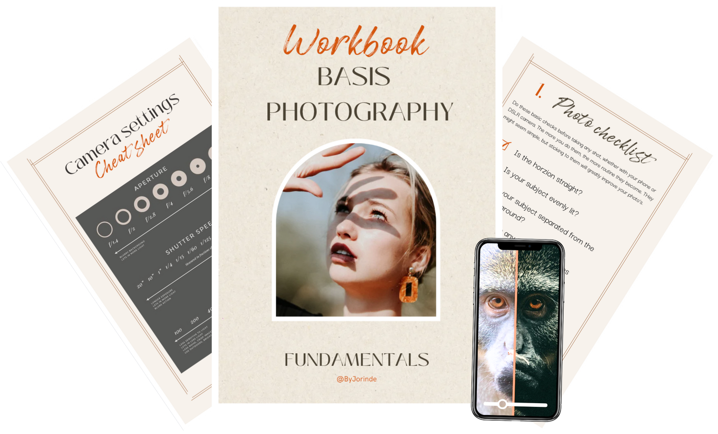 The course materials fanned out: cheatsheet, workbook, checklist and the presets on a phone