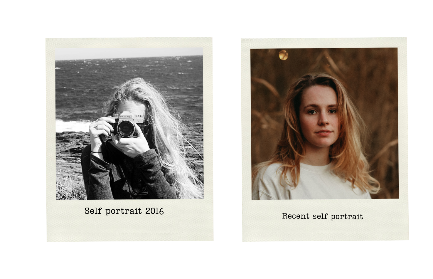 Two polaroids of Jorinde: a black and white self portrait from 2016 and a recent self portrait
