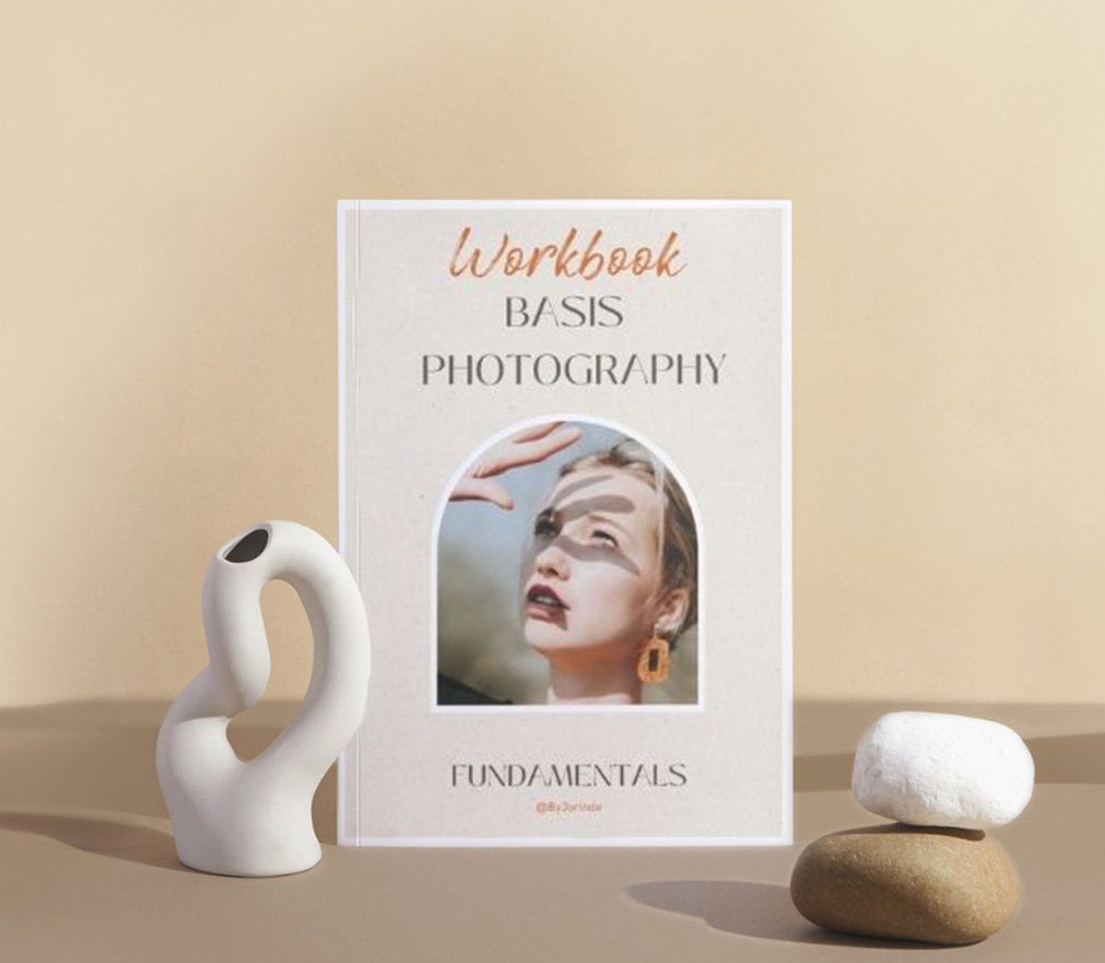 The course workbook standing next to a white vase and two stones